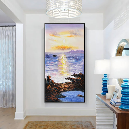 Serene Sunset Over Tranquil Ocean - Coastal Landscape Oil Painting