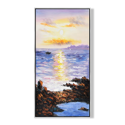 Serene Sunset Over Tranquil Ocean - Coastal Landscape Oil Painting