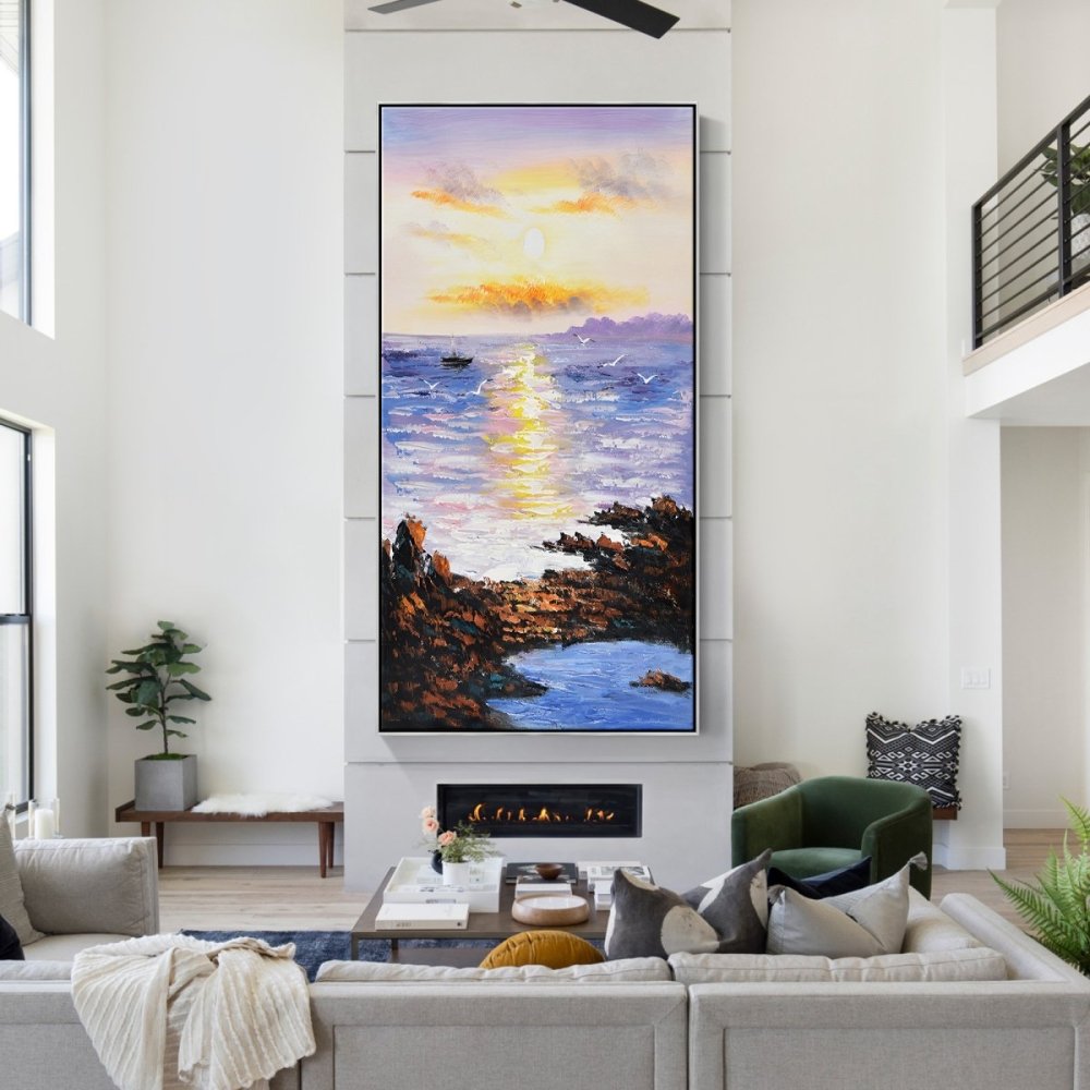 Serene Sunset Over Tranquil Ocean - Coastal Landscape Oil Painting