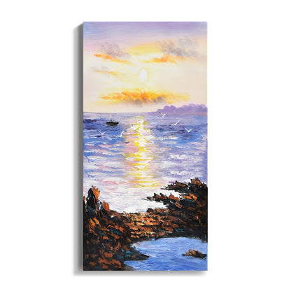 Serene Sunset Over Tranquil Ocean - Coastal Landscape Oil Painting