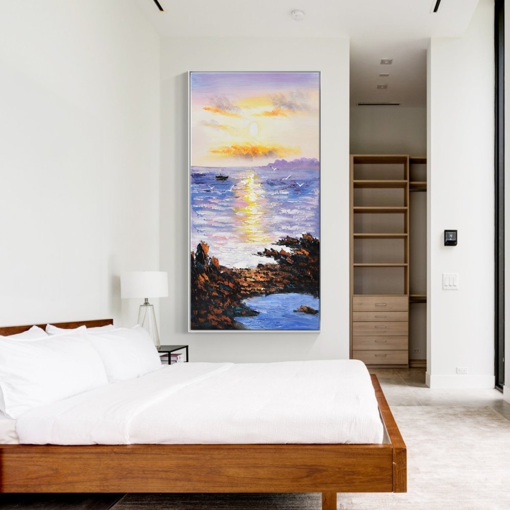 Serene Sunset Over Tranquil Ocean - Coastal Landscape Oil Painting