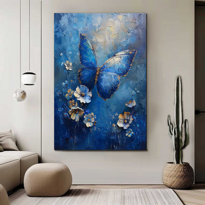 Stunning Blue Butterfly Oil Painting with Floral Accents for Vibrant Home Decor