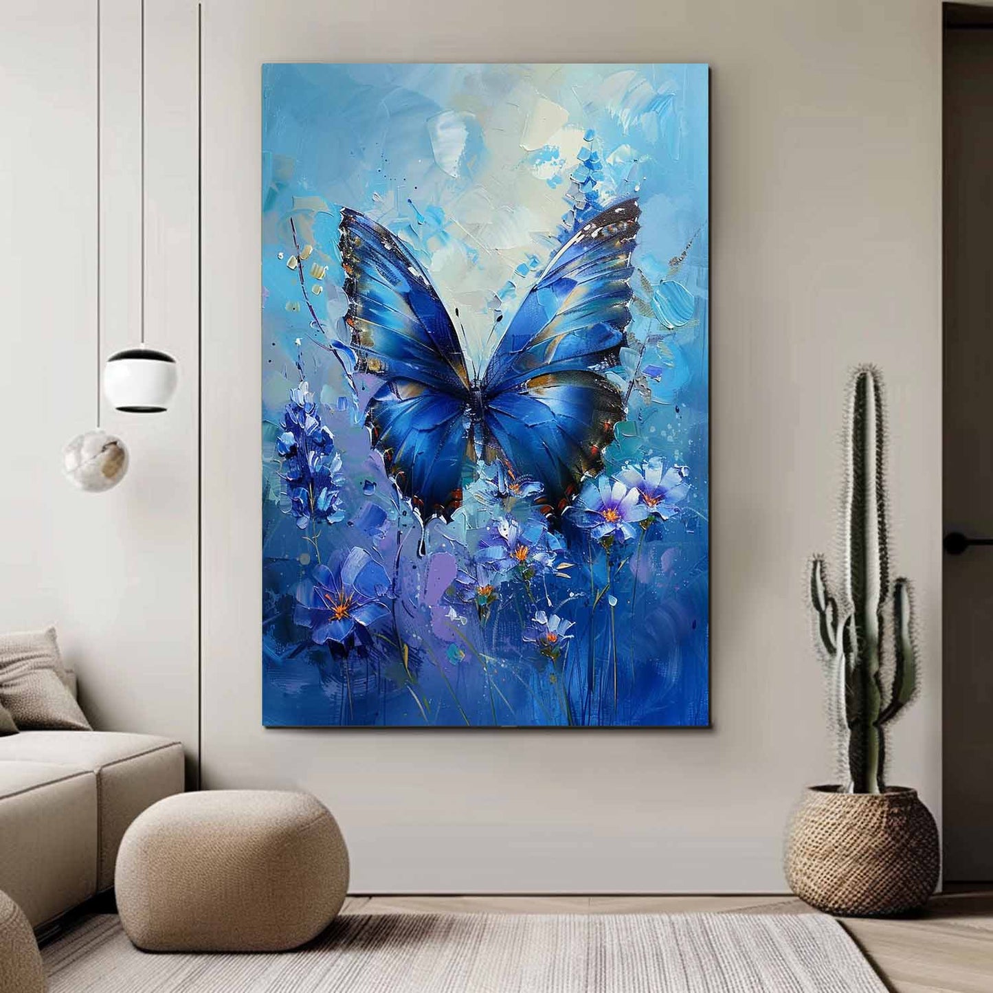 Vibrant Blue Butterfly Oil Painting on Canvas with Floral Accents