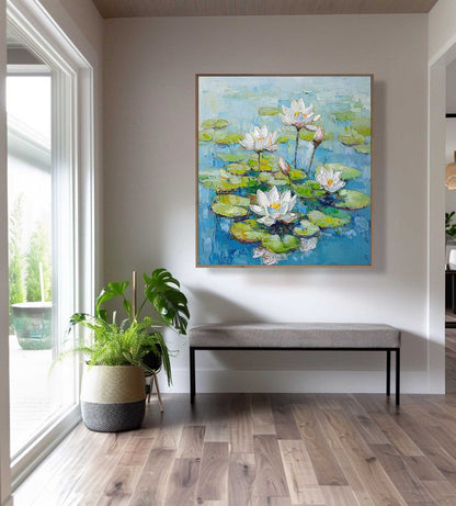 Serene Lotus Flowers Oil Painting on Canvas for Tranquil Home Decor