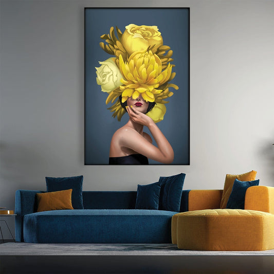 Vibrant Floral Woman Portrait - Stunning Yellow Flower Arrangement in Oil Painting