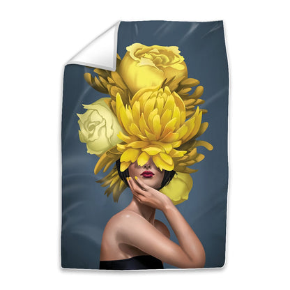 Vibrant Floral Woman Portrait - Stunning Yellow Flower Arrangement in Oil Painting