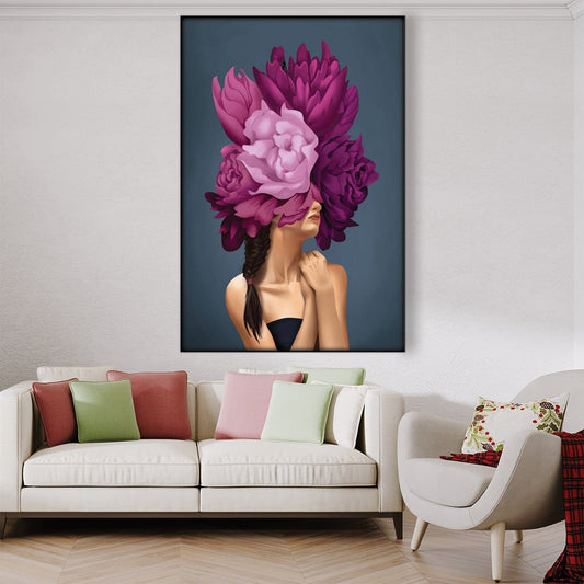 Floral Fantasy: Elegant Woman Surrounded by Vibrant Blooms Oil Painting