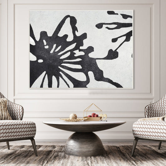 Bold Black and White Abstract Floral Oil Painting for Modern Home Decor