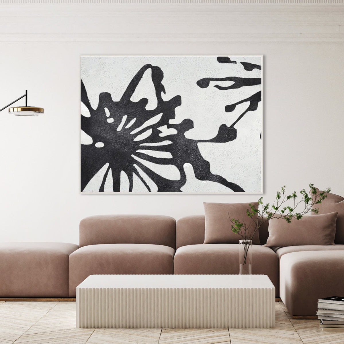 Bold Black and White Abstract Floral Oil Painting for Modern Home Decor