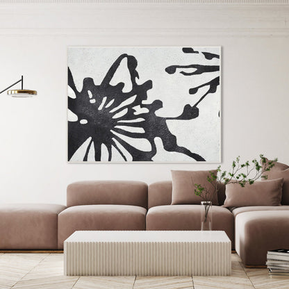 Bold Black and White Abstract Floral Oil Painting for Modern Home Decor