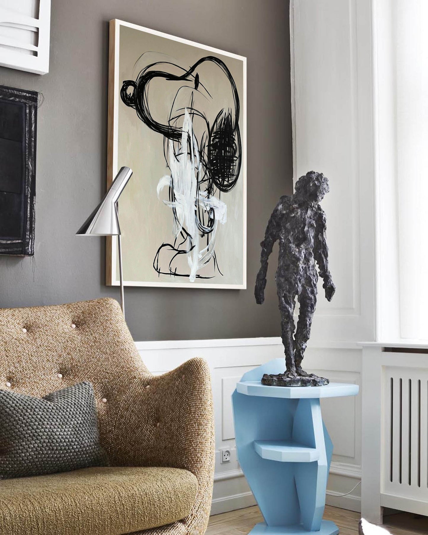 Modern Abstract Oil Painting with Dynamic Black and White Brushstrokes