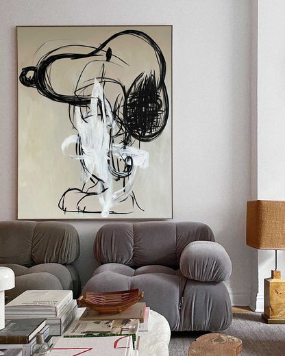 Modern Abstract Oil Painting with Dynamic Black and White Brushstrokes