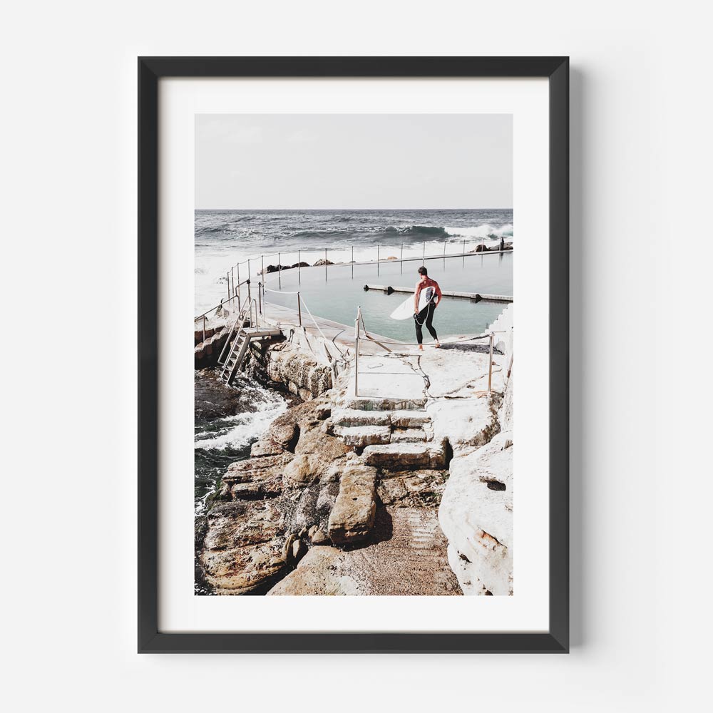 Serene Coastal Escape: Oil Painting of Bronte Pool and Surfer at Ocean's Edge