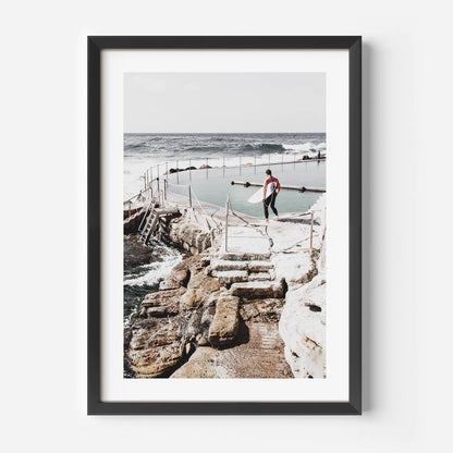 Serene Coastal Escape: Oil Painting of Bronte Pool and Surfer at Ocean's Edge