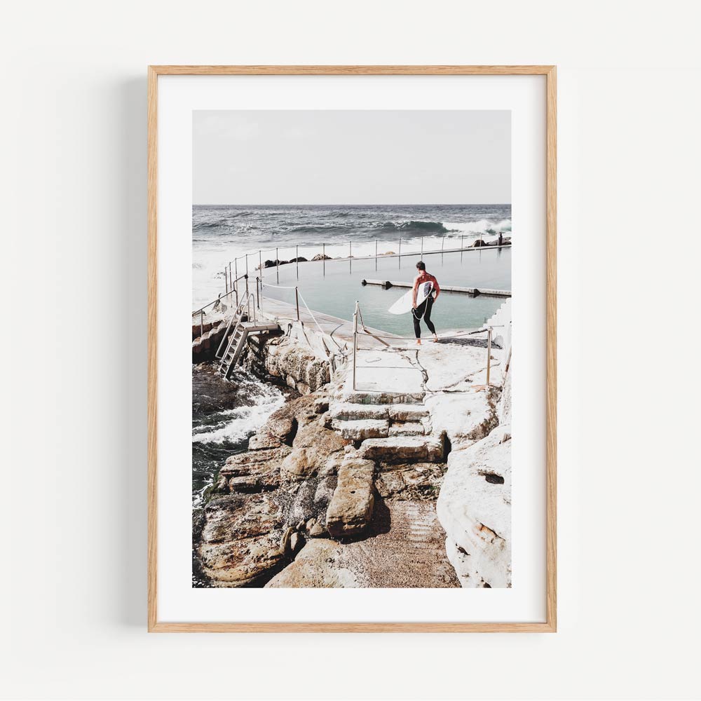 Serene Coastal Escape: Oil Painting of Bronte Pool and Surfer at Ocean's Edge