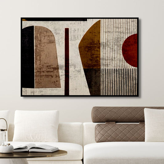 Geometric Abstract Oil Painting in Brown, Beige, and Burgundy Tones for Modern Decor