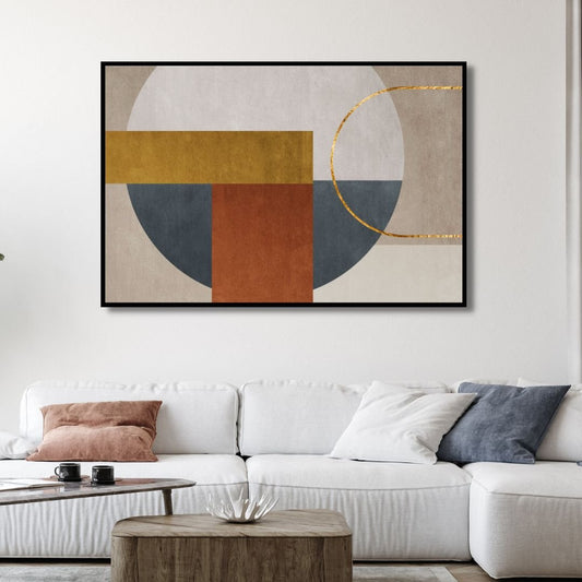Modern Geometric Abstract Oil Painting in Brown, Gray, and Gold Tones for Stylish Interiors