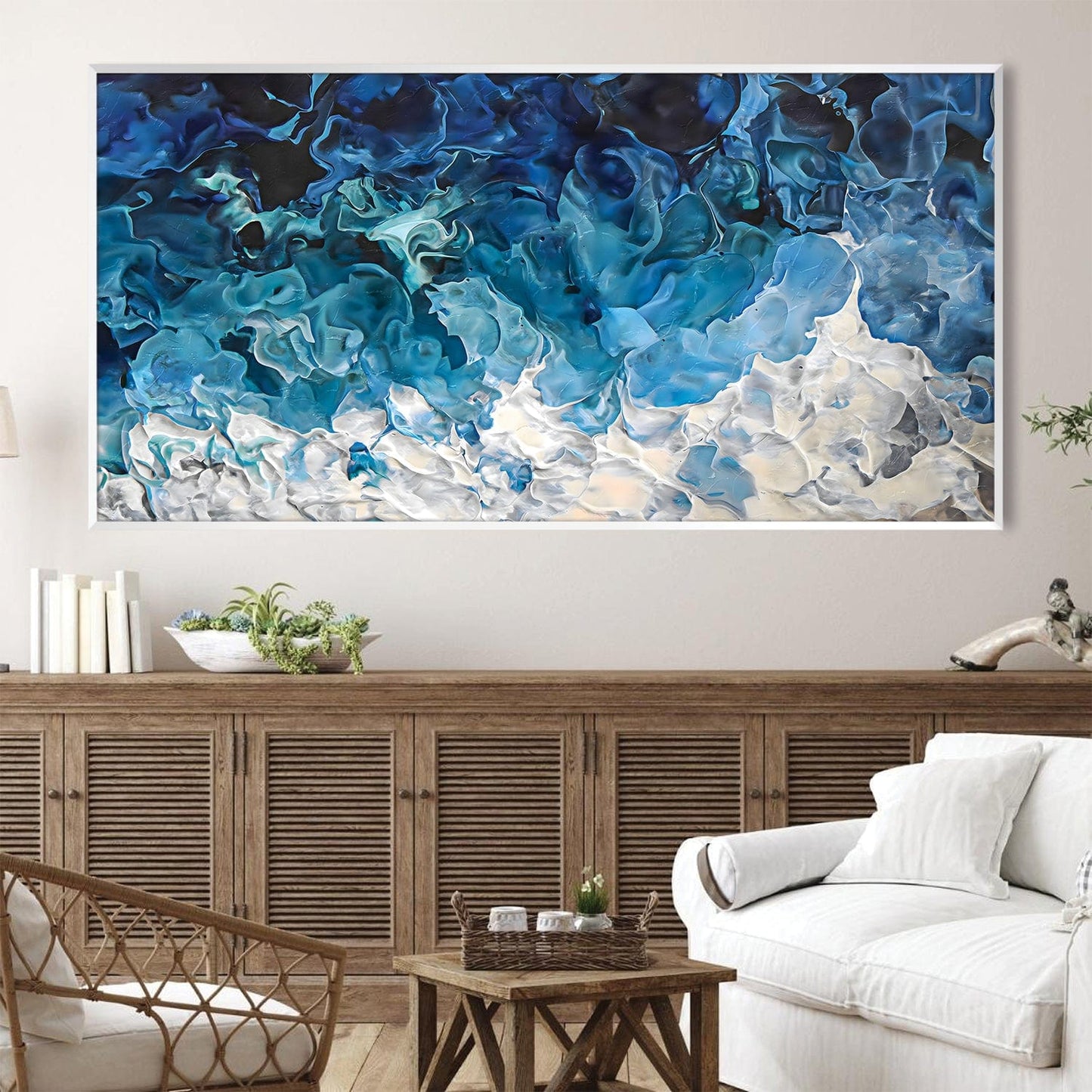 Tranquil Blue Waves: Abstract Oil Painting for Serene Home Decor