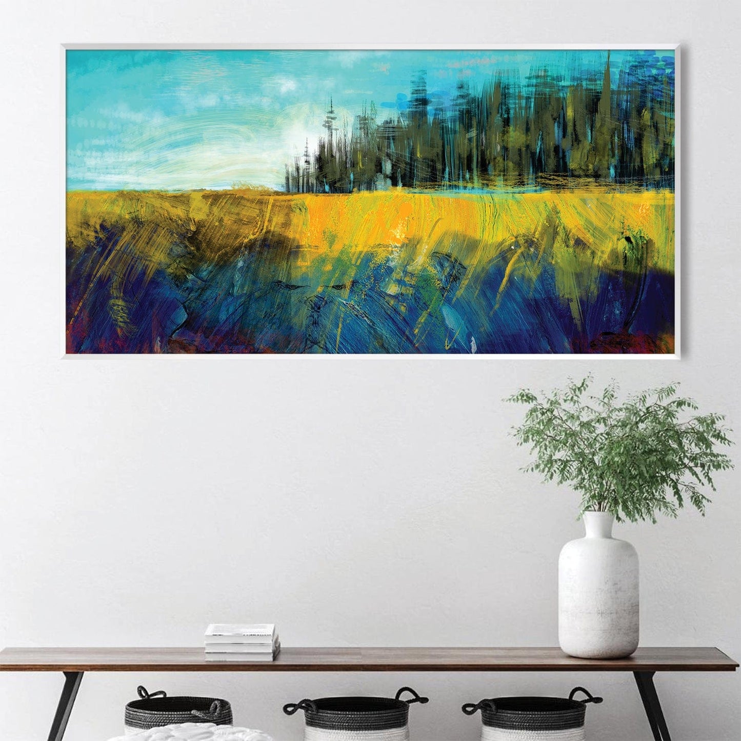 Vibrant Landscape Oil Painting of Lush Meadows and Blue Sky Decor