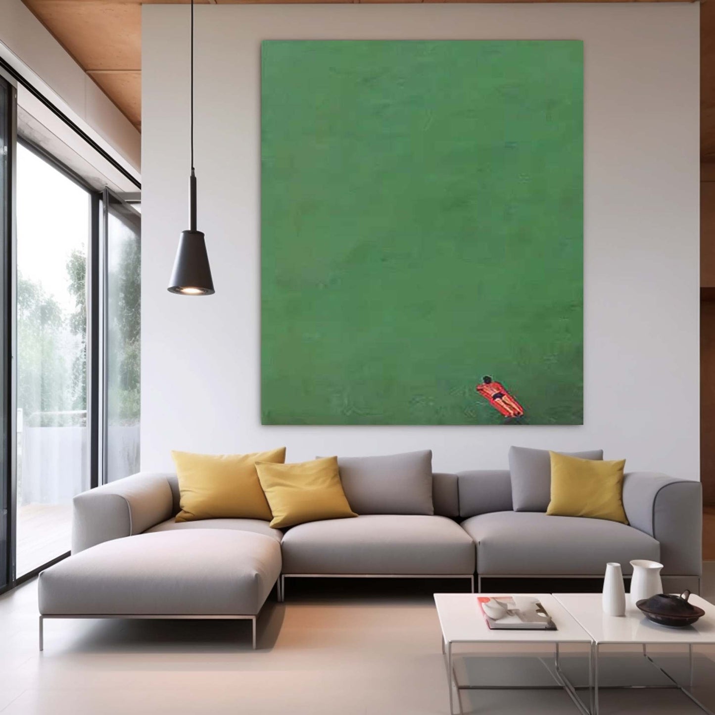 Serene Minimalist Oil Painting of a Figure in Tranquil Green Waters