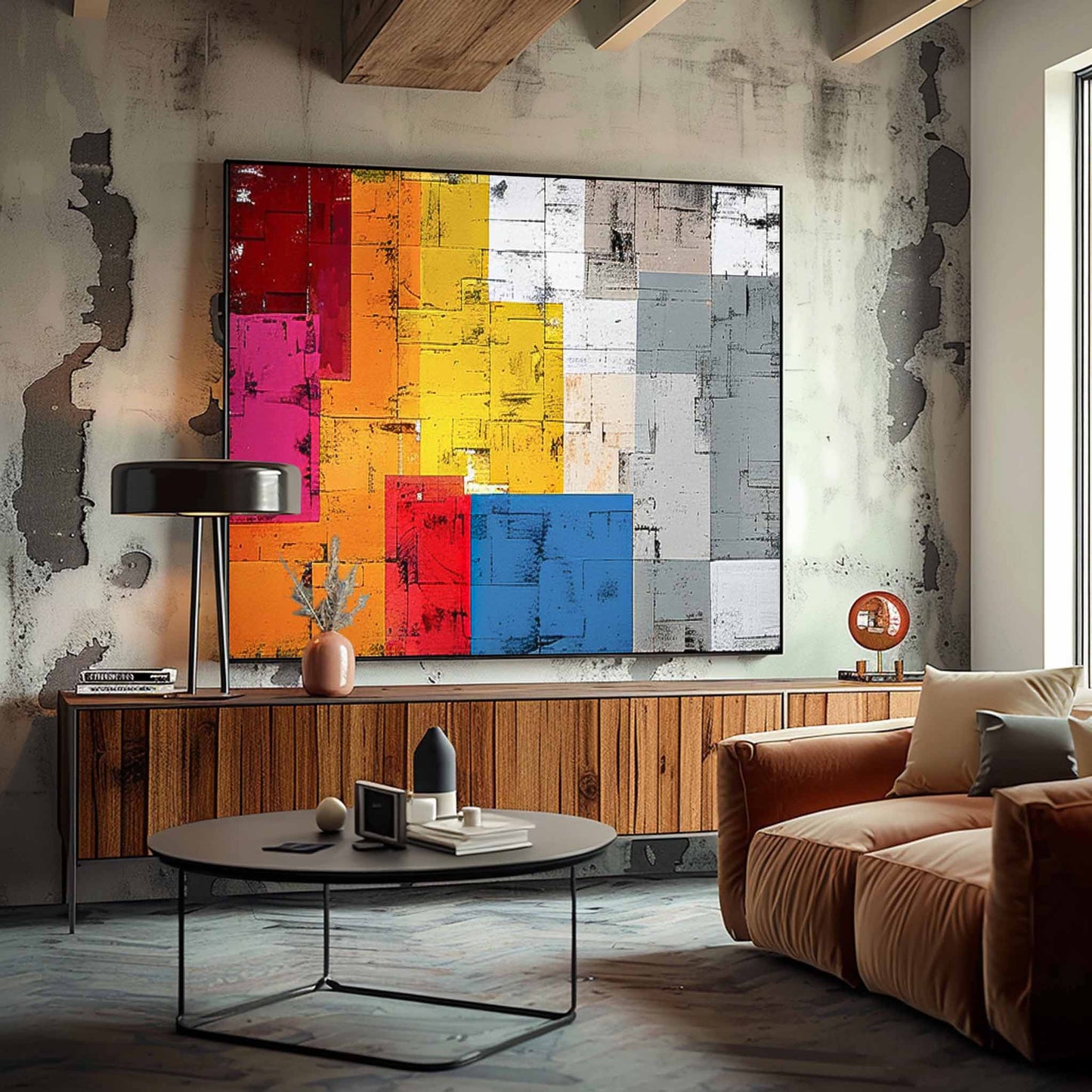 Vibrant Abstract Oil Painting with Colorful Geometric Shapes for Modern Decor