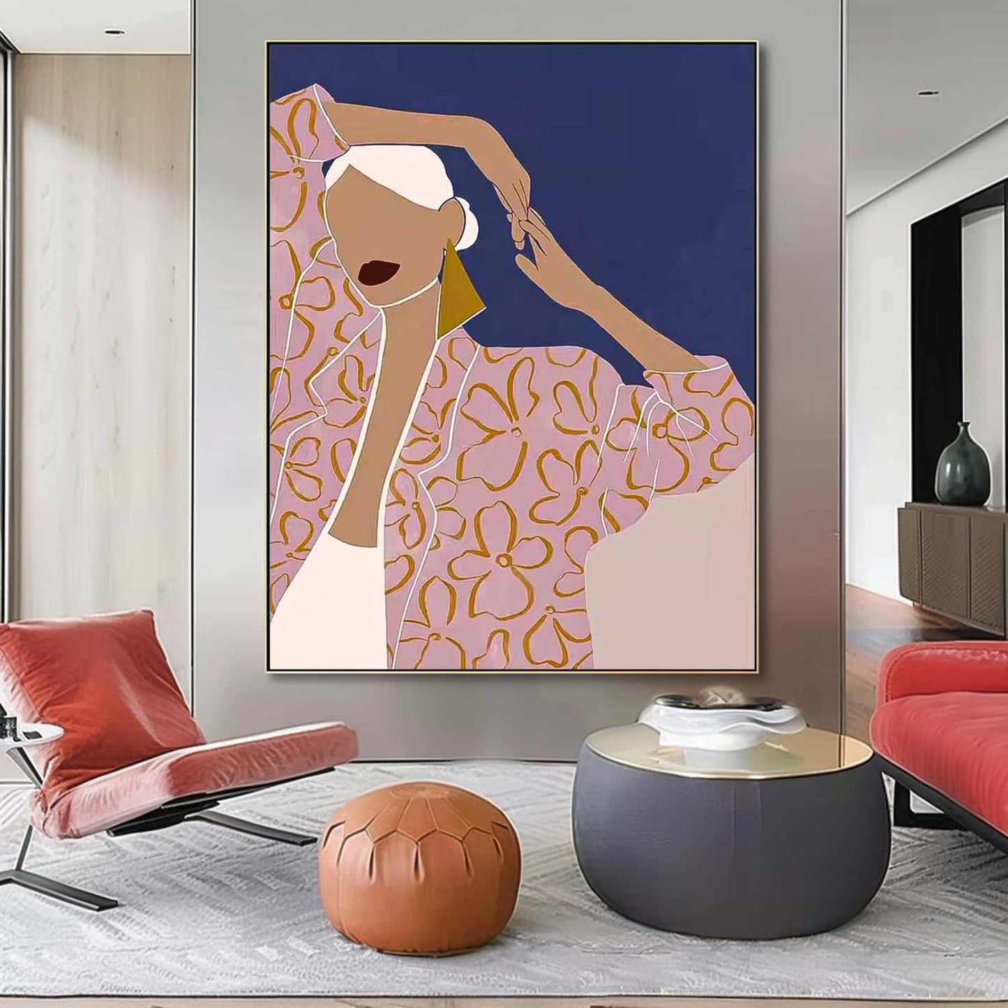 Stylish Woman in Floral Blouse - Contemporary Oil Painting for Elegant Decor