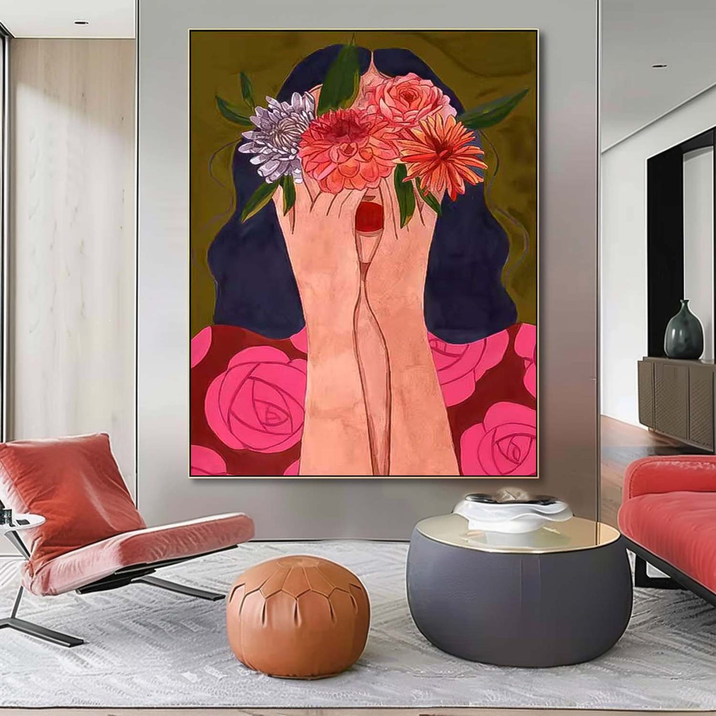 Vibrant Floral Embrace: Expressive Oil Painting of Hands and Blooms