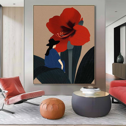Charming Woman and Red Flower Oil Painting for Modern Home Decor
