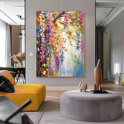 Vibrant Floral Oil Painting with Colorful Blooms and Lush Greenery