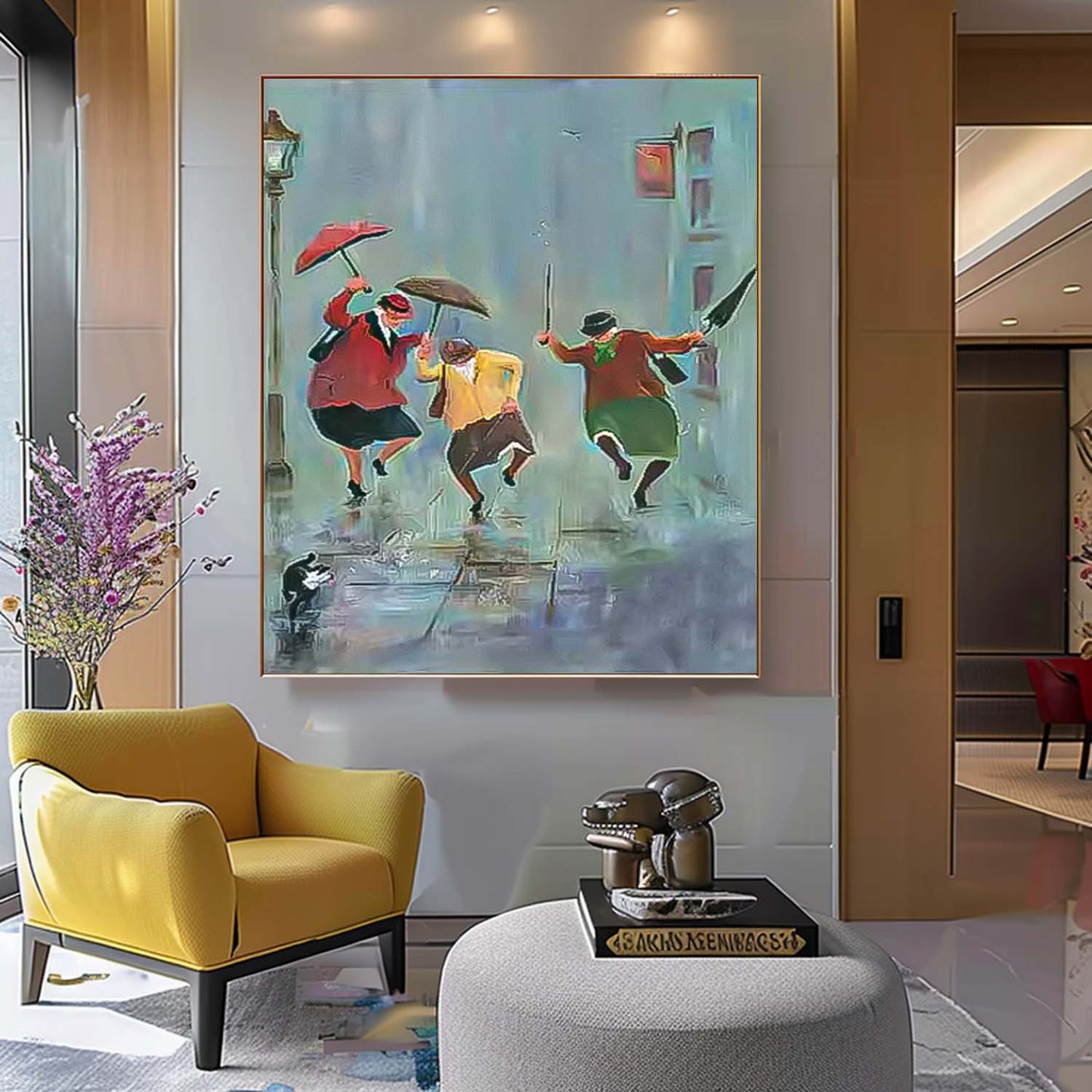 Joyful Rain Dance - Vibrant Oil Painting of People with Umbrellas