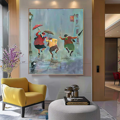 Joyful Rain Dance - Vibrant Oil Painting of People with Umbrellas