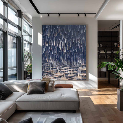 Modern Abstract Oil Painting with Water Lilies and Dark Melancholic Rain
