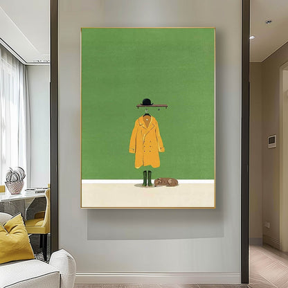 Charming Minimalist Oil Painting of Yellow Coat and Hat on Green Background