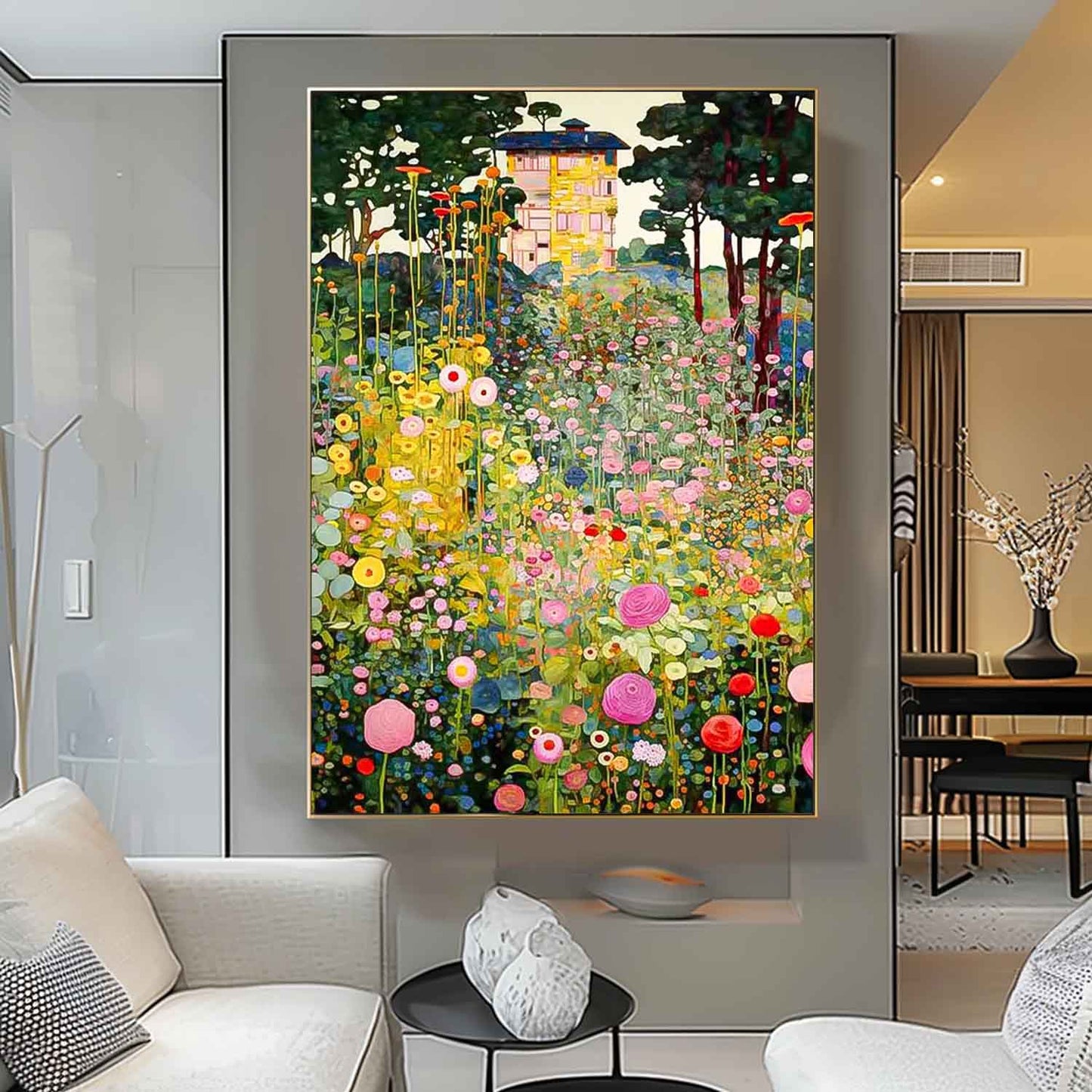 Vibrant Floral Landscape Oil Painting for Home Decor and Art Lovers