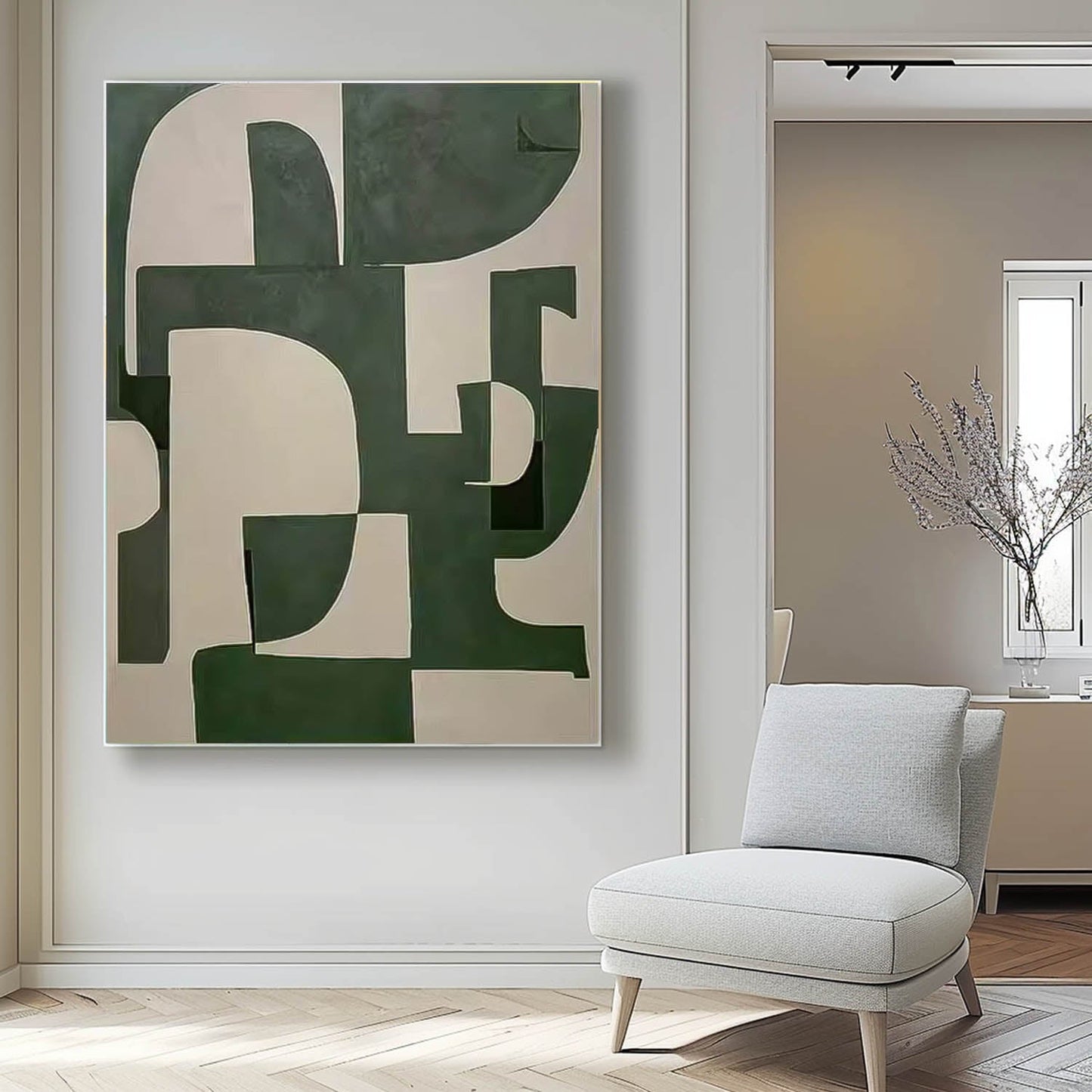 Abstract Green and White Minimalist Oil Painting for Modern Home Decor