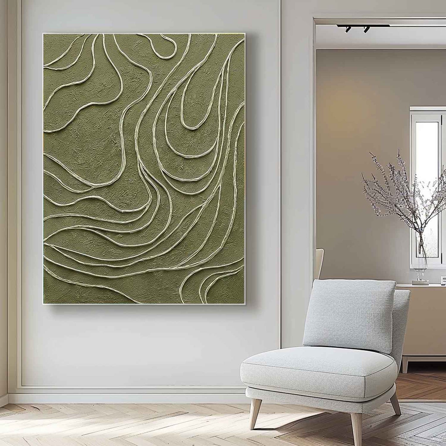 Abstract Green Textured Oil Painting for Modern Minimalist Home Decor
