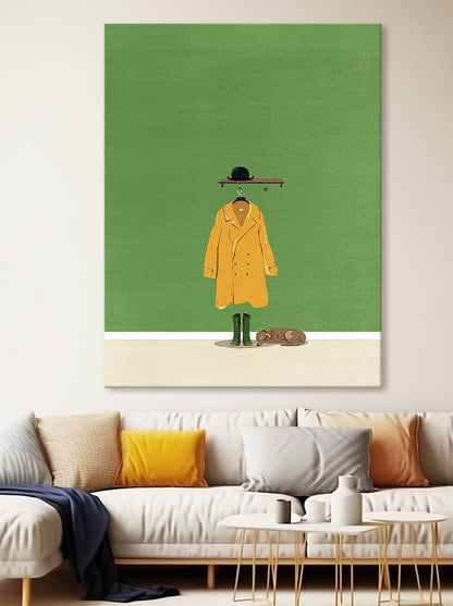 Charming Minimalist Oil Painting of Yellow Coat and Hat on Green Background