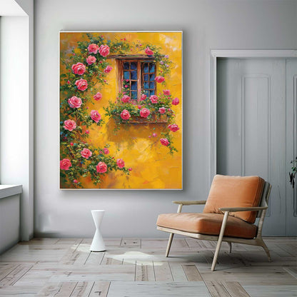 Vibrant Floral Window with Pink Roses and Yellow Wall Oil Painting