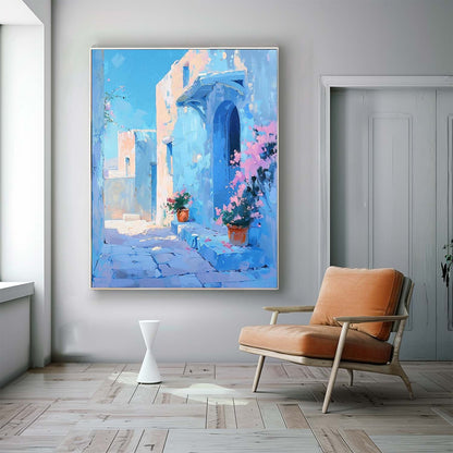 Charming Blue Alleyway Oil Painting with Flower Pots and Architecture