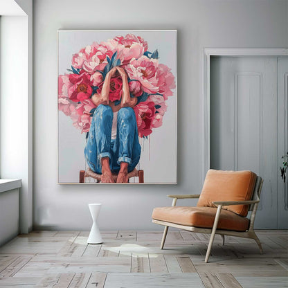 Floral Embrace: Vibrant Oil Painting of a Woman Surrounded by Blossoming Flowers