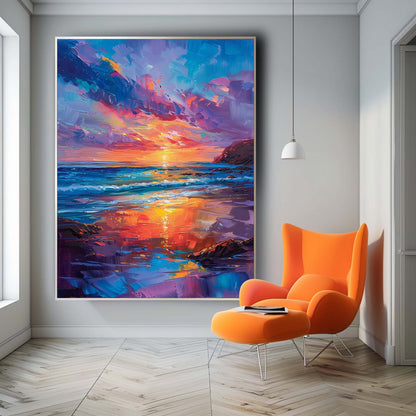 Vibrant Sunset Over Ocean Waves - Colorful Beach Oil Painting Wall Art