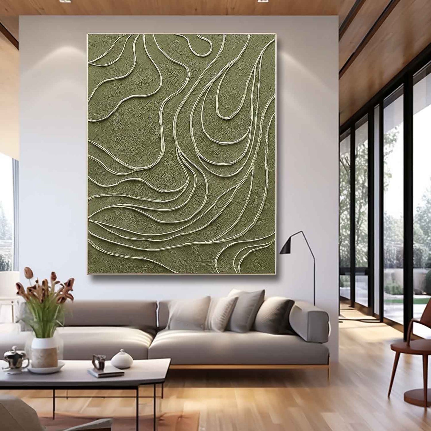 Abstract Green Textured Oil Painting for Modern Minimalist Home Decor