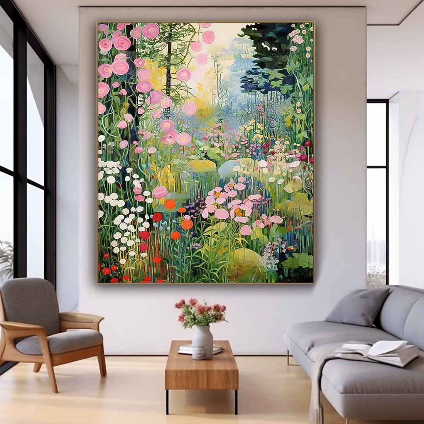 Vibrant Floral Landscape Oil Painting for Home Decor and Garden Inspiration