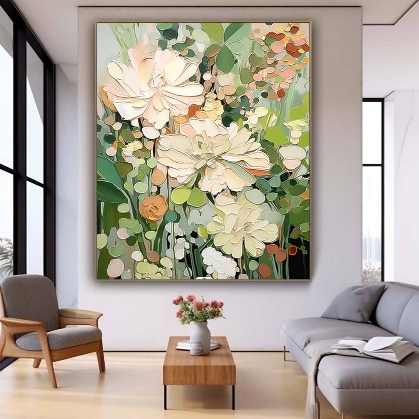 Vibrant Floral Oil Painting with Lush Pastel Blooms and Greenery