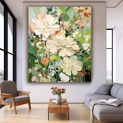 Vibrant Floral Oil Painting with Lush Pastel Blooms and Greenery