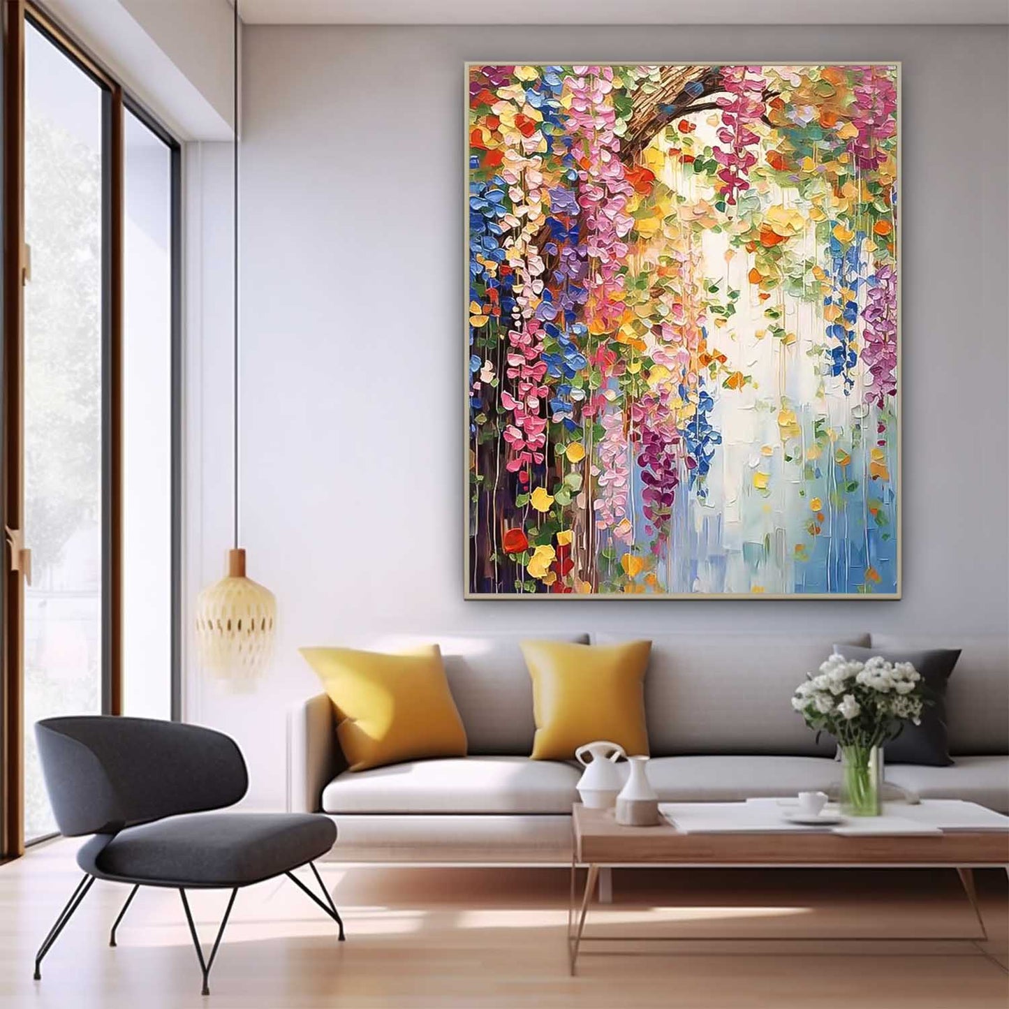 Vibrant Floral Oil Painting with Colorful Blooms and Lush Greenery
