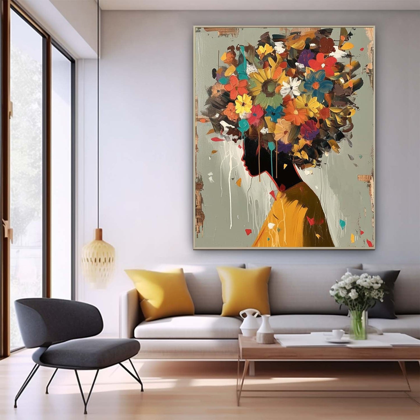 Vibrant Floral Woman Silhouette Oil Painting for Home Decor