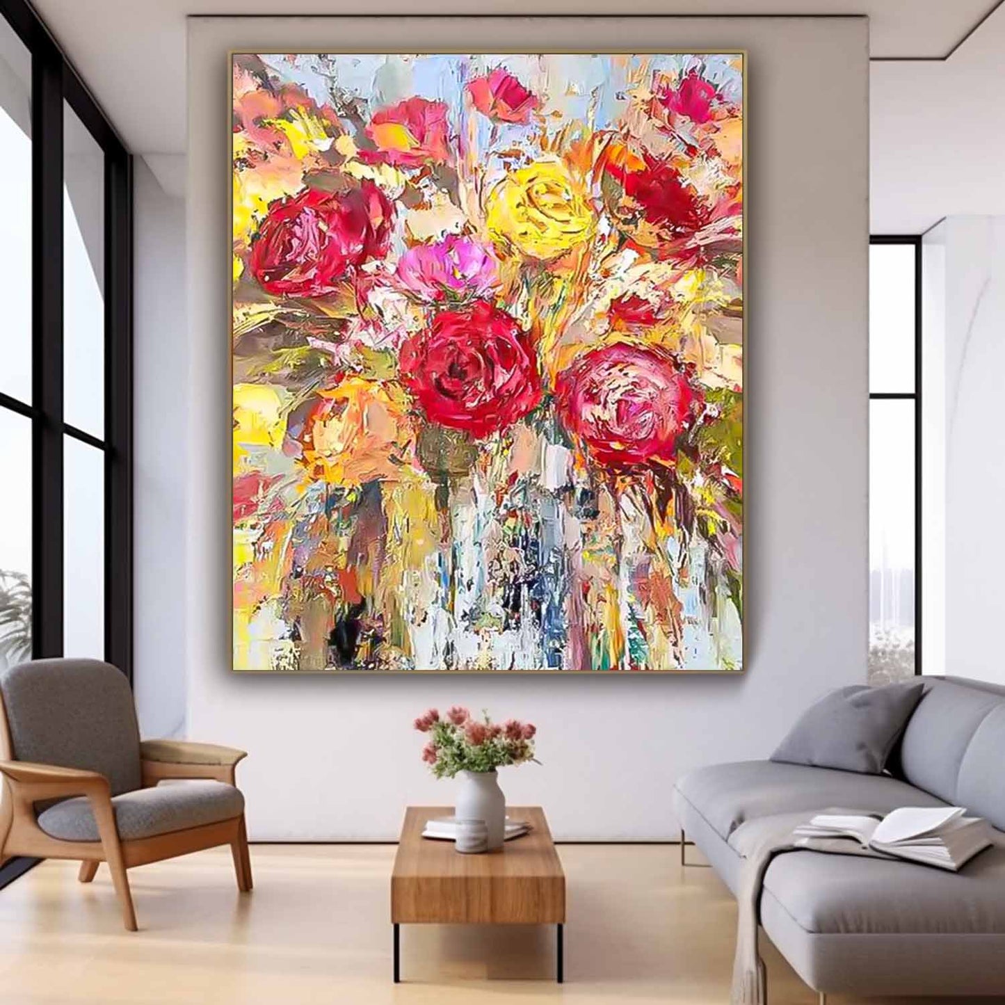 Vibrant Floral Oil Painting with Roses and Bright Colors for Home Decor