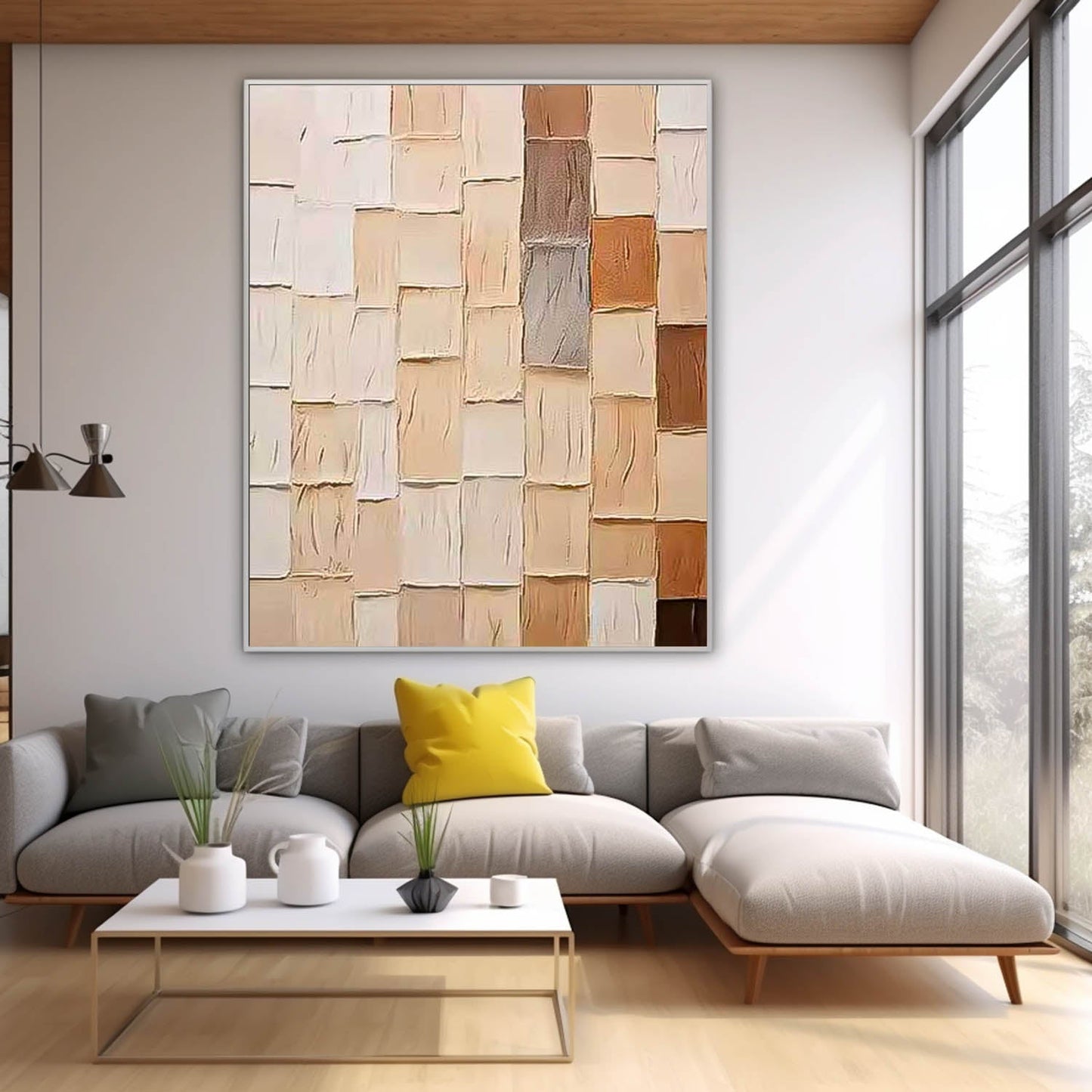 Abstract Geometric Oil Painting in Earthy Tones for Modern Home Decor