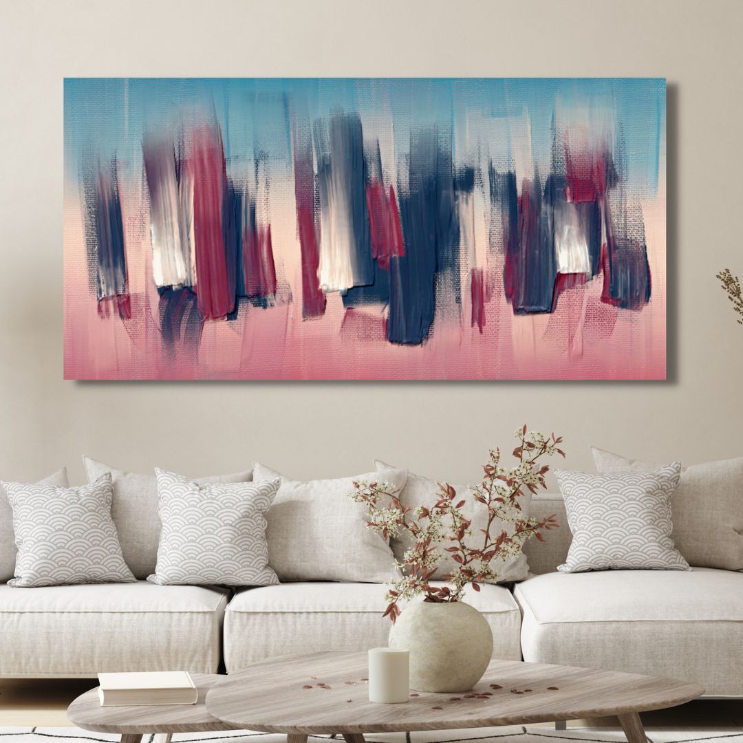 Abstract Burgundy and Denim Oil Painting for Modern Home Decor